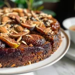 ['Close-up side view of a Fig, Almond, and Date Cake with sliced almonds and dried fruits on top.', 'Detailed view of a moist Fig Almond Date Cake showcasing its rich texture and garnished with chopped almonds.', 'Side profile of a beautifully baked Fig, Almond, and Date Cake with hints of golden brown color and fruit pieces visible.', 'Close-up image highlighting the layers and garnishes of a Fig, Almond, and Date Cake.']