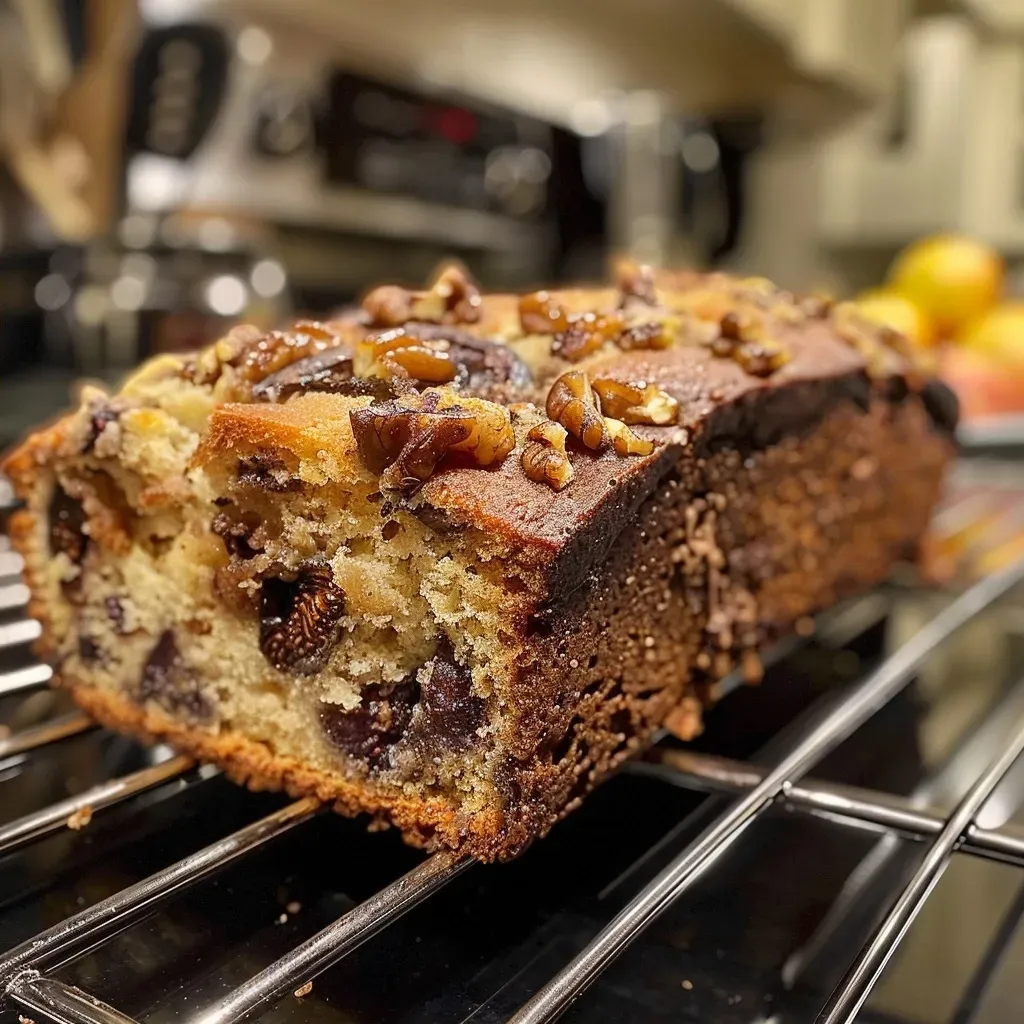 Close up of freshly baked fig bread with a golden crust and visible fig pieces.