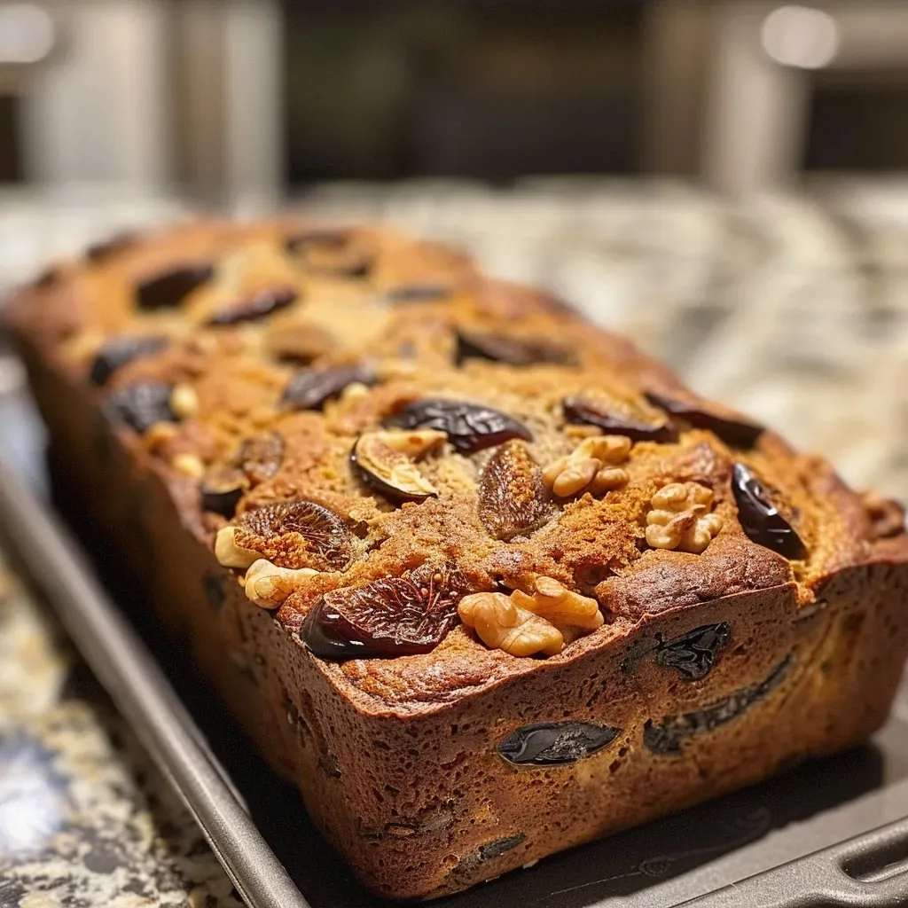 ['Close-up of a slice of Fig & Date Nut Bread highlighting its moist texture and visible pieces of figs and nuts.', 'Side view of freshly baked Fig & Date Nut Bread with a golden crust and ingredients peeking through.', 'Juicy Fig & Date Nut Bread displayed on a plate, showcasing dates and figs in each slice.', 'Detailed look at Fig & Date Nut Bread, emphasizing its rich colors and nutty topping.']
