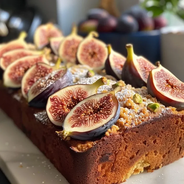 ['Close-up view of a fig loaf cake topped with green pistachio streusel.', 'Side angle of a moist fig loaf cake with a crumbly pistachio topping.', 'Delicious fig loaf cake showcasing fresh figs and a pistachio streusel crust.', 'Juicy fig loaf cake displayed with a sprinkle of powdered sugar and pistachios.']