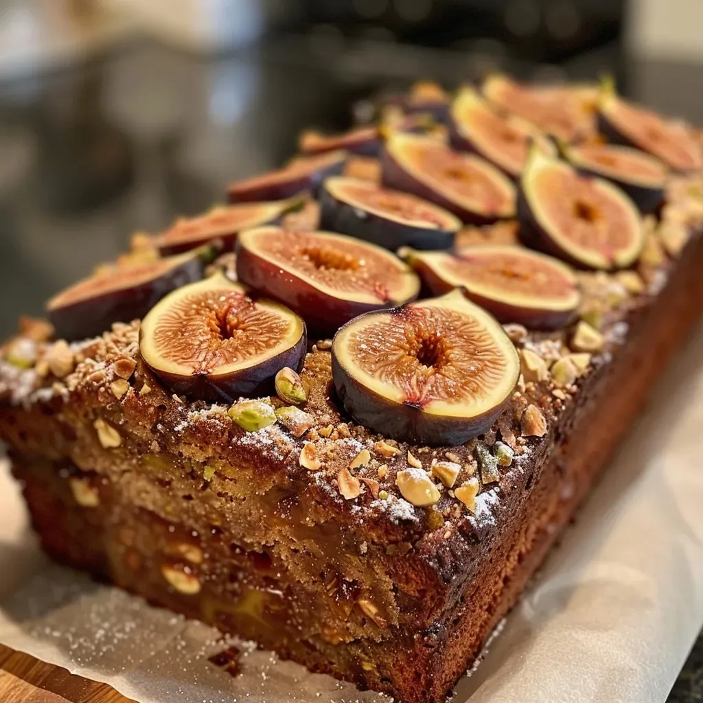 Close-up view of a fig loaf cake topped with green pistachio streusel.