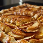 ['Close-up side view of a flaky apple galette made with puff pastry and filled with sliced apples.', 'Detailed view of a rustic apple galette showcasing golden-brown puff pastry and juicy apple filling.', 'Side perspective of a freshly baked apple galette with a flaky crust and a mixture of apples on display.', 'Close-up image of an apple galette revealing layers of puff pastry and spiced apple filling.']