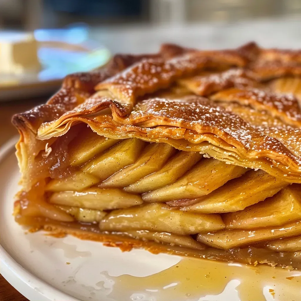['Close-up side view of a flaky apple galette made with puff pastry and filled with sliced apples.', 'Detailed view of a rustic apple galette showcasing golden-brown puff pastry and juicy apple filling.', 'Side perspective of a freshly baked apple galette with a flaky crust and a mixture of apples on display.', 'Close-up image of an apple galette revealing layers of puff pastry and spiced apple filling.']