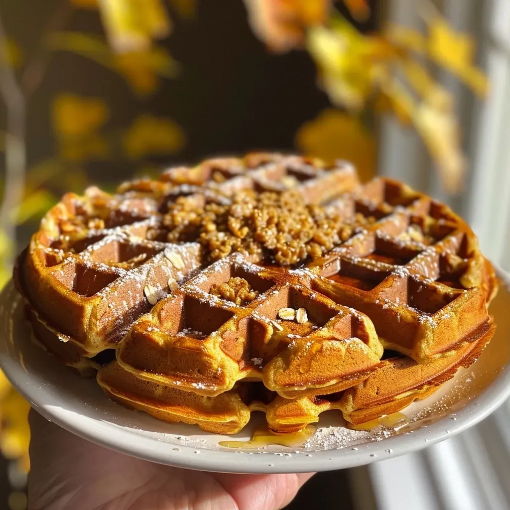 Close-up view of golden-brown flourless pumpkin waffles stacked on a plate.