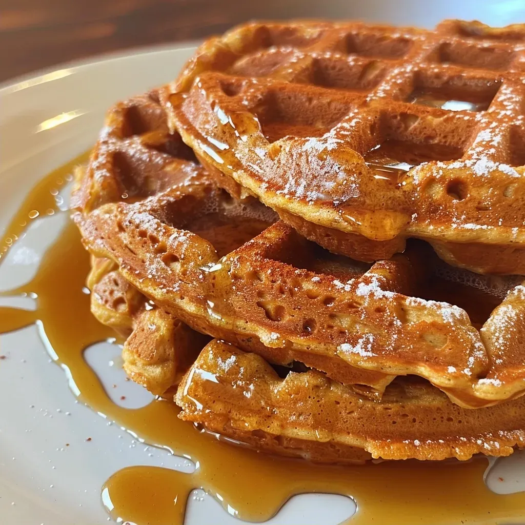 Close-up view of golden-brown flourless pumpkin waffles stacked on a plate.