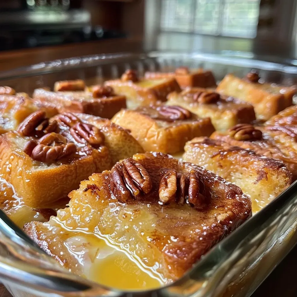 Close-up view of a baked French toast casserole with a golden-brown crust.