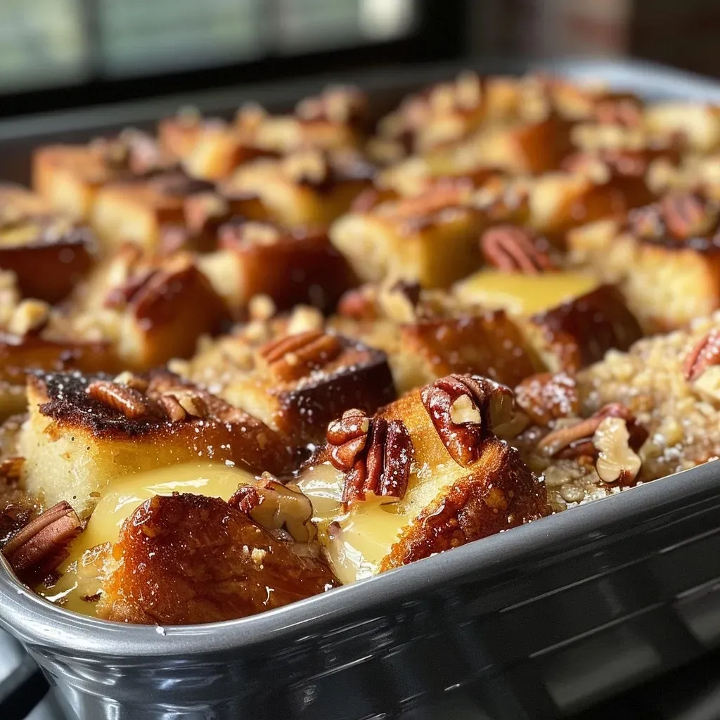 Close-up view of a baked French toast casserole with a golden-brown crust.