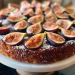 ['Close-up of a sliced Fresh Fig and Honey Olive Oil Cake with figs on top.', 'Side view of a moist cake adorned with fresh figs and a honey glaze.', 'Delicious Fresh Fig and Honey Olive Oil Cake with a rich texture and honey drizzle.', 'Luscious slice of gluten-free cake featuring fresh figs and a light golden crust.']