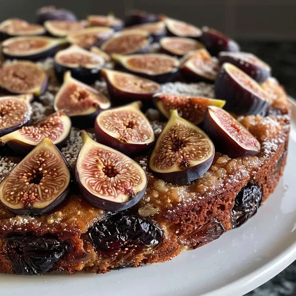 Close-up of a sliced Fresh Fig and Honey Olive Oil Cake with figs on top.