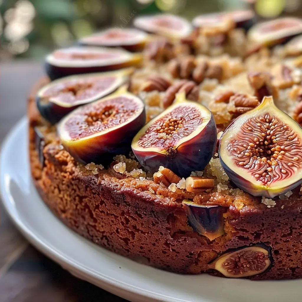 Close-up side view of a fresh fig cake with a crumb topping.