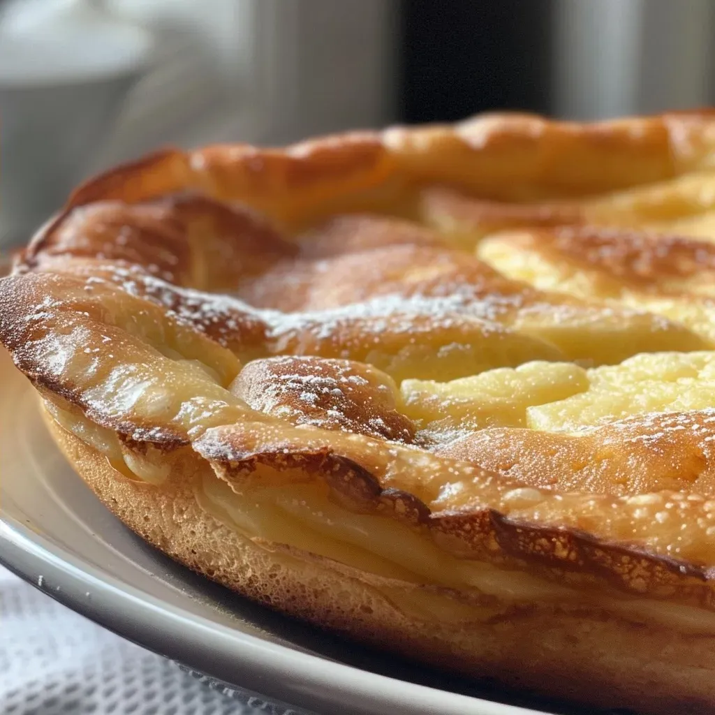 A freshly milled Dutch baby pancake, golden and puffy, displayed on a plate.