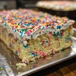 ['A close-up side view of a colorful Funfetti Sheet Cake topped with brown butter frosting and rainbow sprinkles.', 'Side perspective of a moist Funfetti Sheet Cake with a creamy brown butter frosting and vibrant sprinkles.', 'Detailed view of a Funfetti Sheet Cake showcasing its layers and frosting adorned with multicolored sprinkles.', 'Close-up image of a slice of Funfetti Sheet Cake highlighting the brown butter frosting and festive sprinkle decoration.']