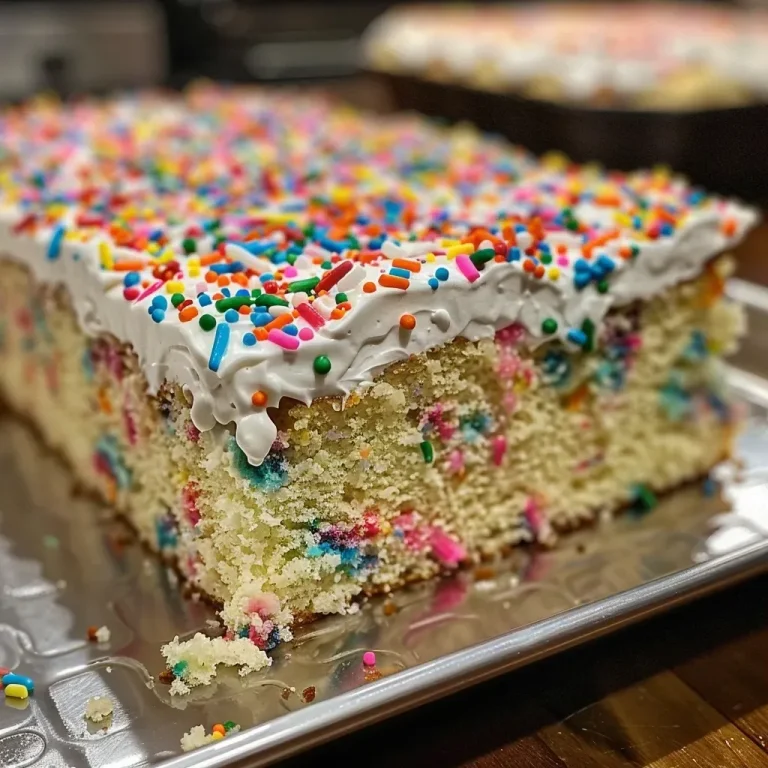 ['A close-up side view of a colorful Funfetti Sheet Cake topped with brown butter frosting and rainbow sprinkles.', 'Side perspective of a moist Funfetti Sheet Cake with a creamy brown butter frosting and vibrant sprinkles.', 'Detailed view of a Funfetti Sheet Cake showcasing its layers and frosting adorned with multicolored sprinkles.', 'Close-up image of a slice of Funfetti Sheet Cake highlighting the brown butter frosting and festive sprinkle decoration.']