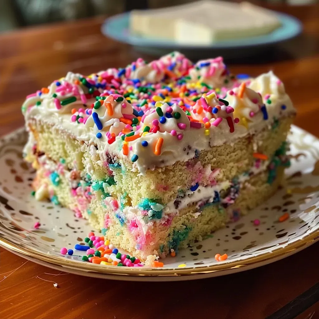 A close-up side view of a colorful Funfetti Sheet Cake topped with brown butter frosting and rainbow sprinkles.