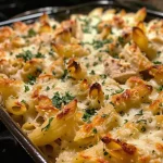 ['Close-up view of a baked dish featuring garlic Parmesan chicken pasta with a golden crust.', 'Juicy chicken pasta bake topped with melted cheese, showcasing creamy garlic sauce.', 'A hearty serving of garlic Parmesan chicken pasta bake garnished with fresh parsley.', 'Side view of a bubbling pasta bake, highlighting the chicken and creamy cheese topping.']