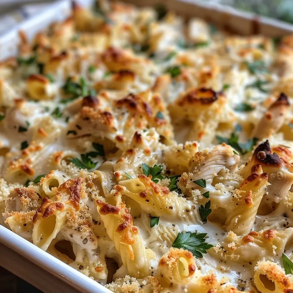 ['Close-up view of a baked dish featuring garlic Parmesan chicken pasta with a golden crust.', 'Juicy chicken pasta bake topped with melted cheese, showcasing creamy garlic sauce.', 'A hearty serving of garlic Parmesan chicken pasta bake garnished with fresh parsley.', 'Side view of a bubbling pasta bake, highlighting the chicken and creamy cheese topping.']