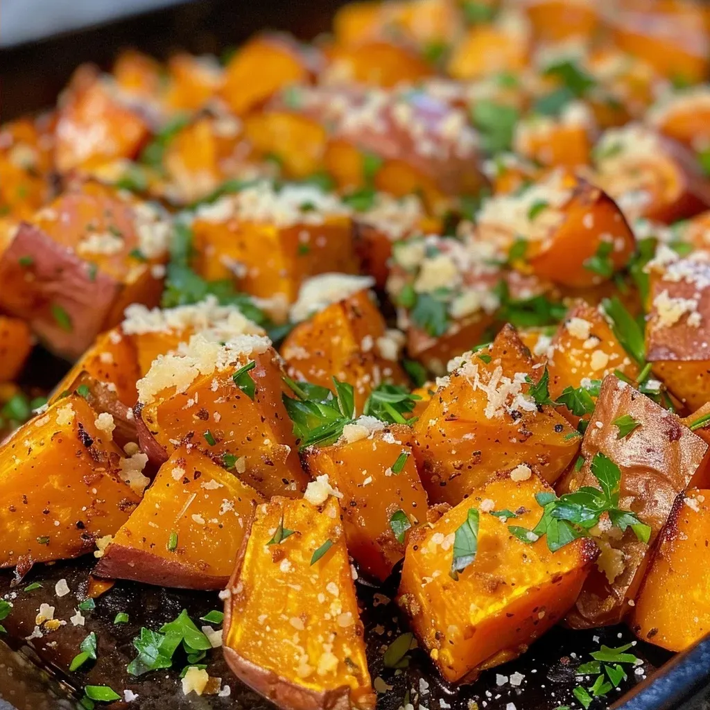 Close-up of roasted sweet potato cubes topped with garlic and Parmesan cheese.
