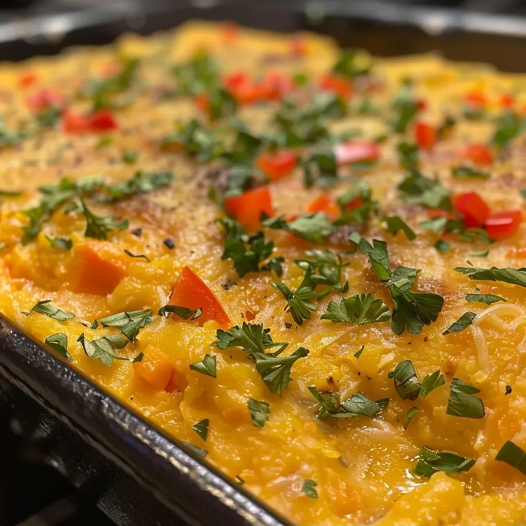 ['A close-up view of Garlic Yellow Squash Dip with vibrant vegetables and herbs.', 'Side view of a creamy garlic dip made with yellow squash and colorful veggies.', 'Delicious Garlic Yellow Squash Dip garnished with fresh parsley and displayed in a bowl.', 'A rich and creamy Garlic Yellow Squash Dip with visible pieces of carrots, bell pepper, and onions.']