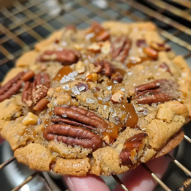 ['Close-up view of a Giant Caramel Pecan Air Fryer Cookie with a rich golden color and visible caramel bits.', 'Side view of a deliciously baked Giant Caramel Pecan Cookie showcasing its gooey texture and nutty pecans.', 'Close-up image of a warm Giant Caramel Pecan Cookie with melted caramel and crunchy pecans highlighted.', 'Detailed side shot of a Giant Caramel Pecan Air Fryer Cookie with a glossy caramel layer and scattered nuts.']