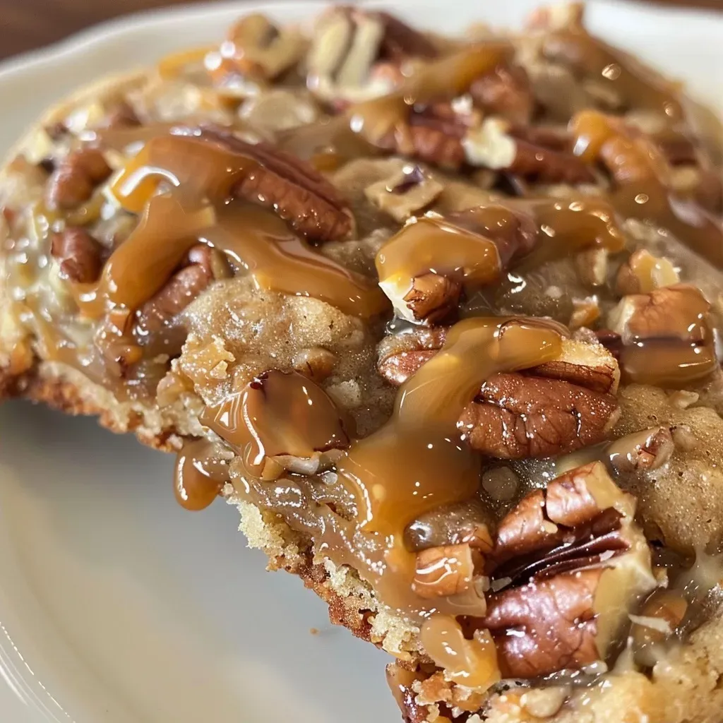 ['Close-up view of a Giant Caramel Pecan Air Fryer Cookie with a rich golden color and visible caramel bits.', 'Side view of a deliciously baked Giant Caramel Pecan Cookie showcasing its gooey texture and nutty pecans.', 'Close-up image of a warm Giant Caramel Pecan Cookie with melted caramel and crunchy pecans highlighted.', 'Detailed side shot of a Giant Caramel Pecan Air Fryer Cookie with a glossy caramel layer and scattered nuts.']