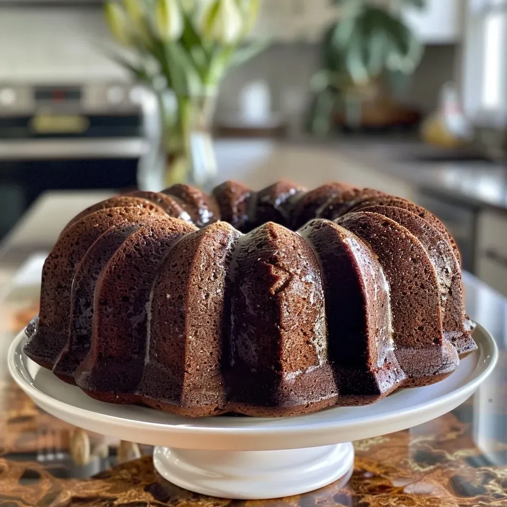 Close-up side view of a moist gingerbread Bundt cake topped with a glossy glaze.