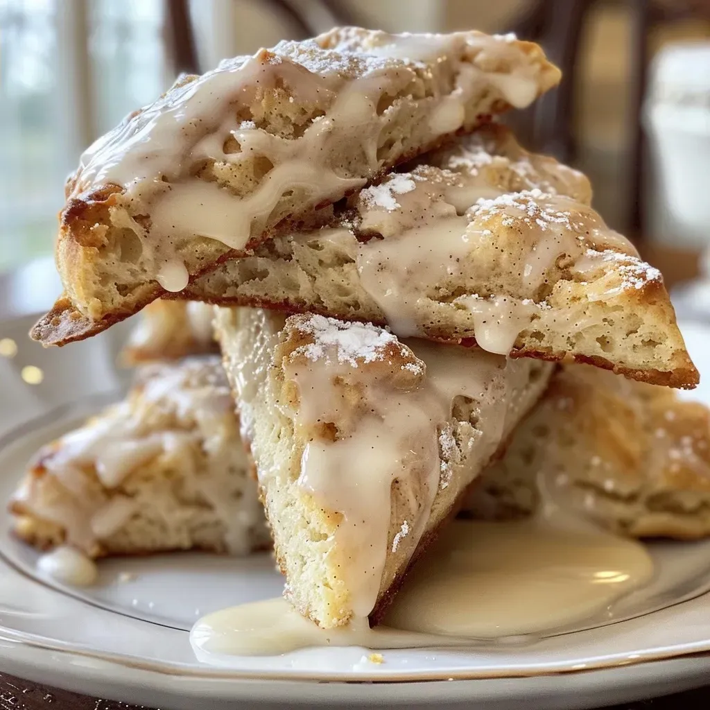 Close up view of glazed cinnamon scones showcasing a golden crust and drizzle of icing.