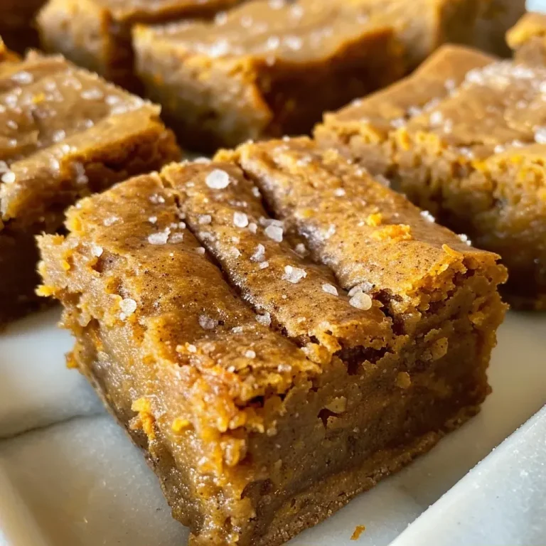 ['Close-up of a golden brown gluten-free pumpkin spice blondie bite on a white plate.', 'Side view of moist gluten-free pumpkin spice blondie bites with a sprinkle of sea salt.', 'Delicious pumpkin spice blondie bites stacked on a rustic wooden table.', 'Freshly baked gluten-free pumpkin spice blondie bites showing their soft interior and buttery texture.']