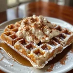 ['Close-up view of gluten-free sweet amaranth waffles topped with spiced chai poached pears.', 'Side view of delicious gluten-free waffles garnished with poached pears and creamy sauce.', 'Juicy amaranth waffles presented with elegantly sliced poached pears and a drizzle of cream.', 'A tempting plate of gluten-free waffles with warm spices and caramelized pears.']