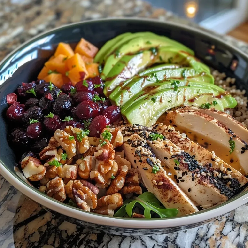 A side view of a warm harvest grain bowl featuring chicken, squash, and honey mustard dressing.