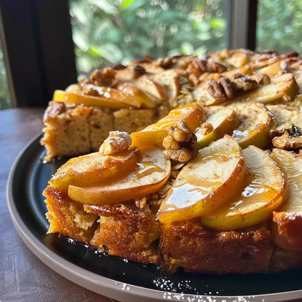 ['Close-up view of a slice of healthy apple cake, showcasing the juicy apple pieces and oat texture.', 'Side view of a freshly baked apple cake decorated with a light dusting of icing sugar, highlighting the moist texture.', 'Detailed shot of a healthy apple cake slice, revealing layers of oats and cinnamon with walnuts sprinkled on top.', 'Juicy apple cake displayed on a neutral plate, capturing the vibrant colors of the baked apples and oats.']