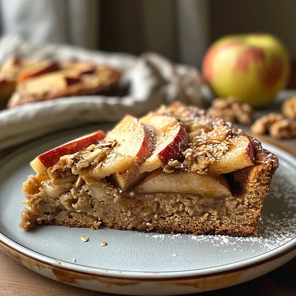 ['Close-up view of a slice of healthy apple cake, showcasing the juicy apple pieces and oat texture.', 'Side view of a freshly baked apple cake decorated with a light dusting of icing sugar, highlighting the moist texture.', 'Detailed shot of a healthy apple cake slice, revealing layers of oats and cinnamon with walnuts sprinkled on top.', 'Juicy apple cake displayed on a neutral plate, capturing the vibrant colors of the baked apples and oats.']