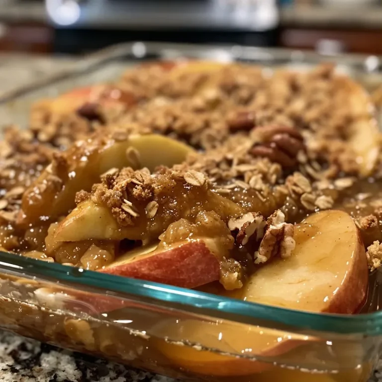['Close-up of a baked Healthy Apple Crisp with golden topping and sliced apples.', 'Side view of healthy apple crisp showcasing the crispy oat topping and apple filling.', 'Juicy apple crisp in a dish, highlighting the texture of oats and nuts on top.', 'Freshly baked Healthy Apple Crisp, featuring thinly sliced apples and a crumbly topping.']