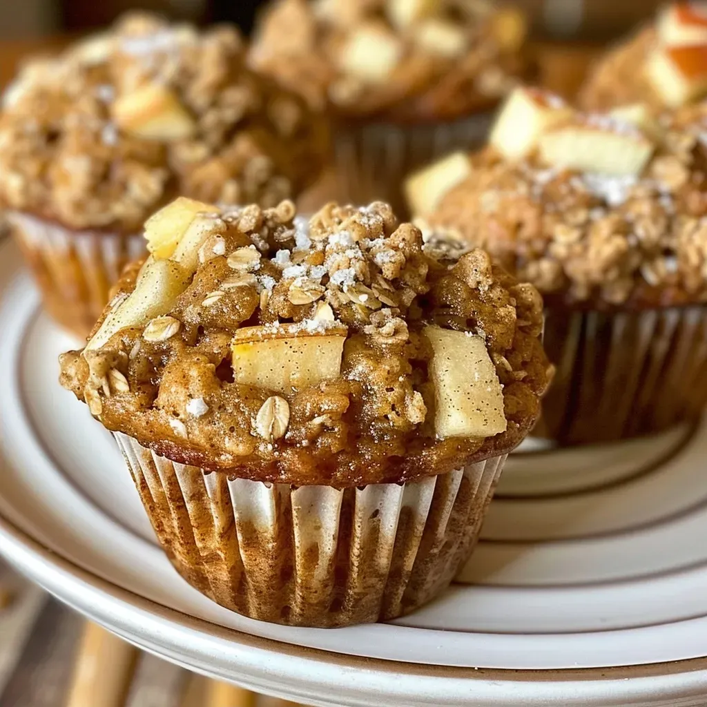 ['Close-up view of a healthy apple muffin with a golden brown top and visible apple chunks.', 'Side view of a delectable healthy apple muffin showcasing its fluffy texture and ingredients.', 'Juicy healthy apple muffin from the side, highlighting its moist interior and sprinkle of turbinado sugar.', 'Angle shot of a warm apple muffin, displaying its hearty oat base and vibrant apple pieces.']
