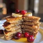 ['Close-up view of a stack of healthy cranberry orange pancakes topped with cranberries and orange slices.', 'Side view of a delicious pancake stack with vibrant cranberry and orange toppings on a plate.', 'Juicy cranberry orange pancakes arranged appealingly, showcasing their fluffy texture and fresh ingredients.', 'A colorful plate of pancakes with a drizzle of orange juice and scattered cranberries, highlighted in natural light.']