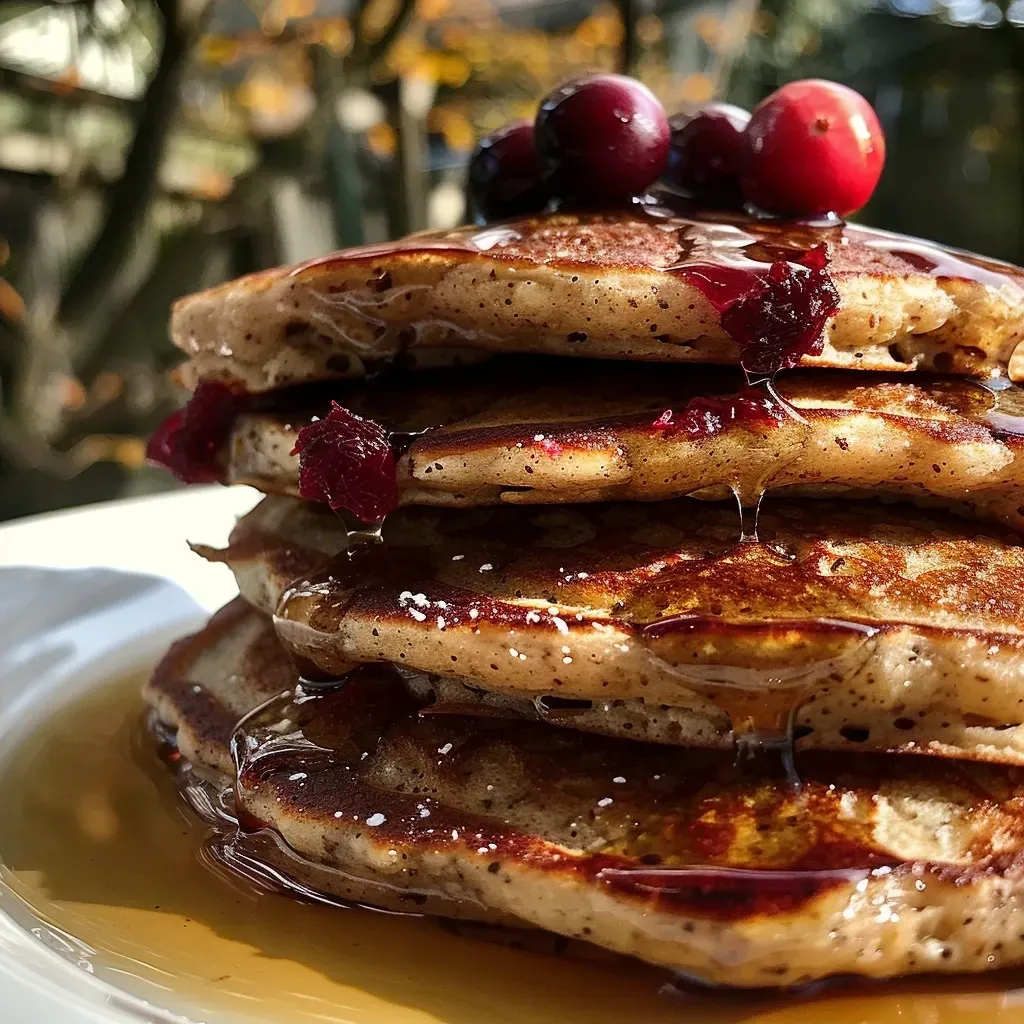 ['Close-up view of a stack of healthy cranberry orange pancakes topped with cranberries and orange slices.', 'Side view of a delicious pancake stack with vibrant cranberry and orange toppings on a plate.', 'Juicy cranberry orange pancakes arranged appealingly, showcasing their fluffy texture and fresh ingredients.', 'A colorful plate of pancakes with a drizzle of orange juice and scattered cranberries, highlighted in natural light.']