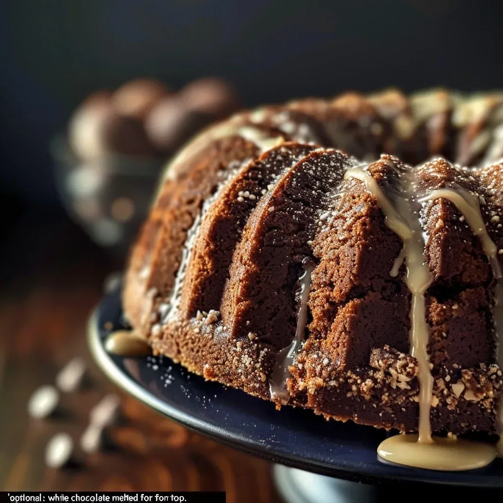 Close-up side view of a Healthy Gingerbread Bundt Cake with chocolate chips.