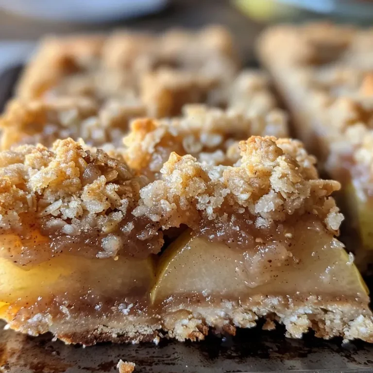 ['A close-up side view of healthy pear crumb bars displaying a golden-brown crumb topping.', 'Juicy pear crumb bars with a textured crumb topping, captured from a side angle.', 'Deliciously baked healthy pear crumb bars featuring slices of pear peeking through the crumbs.', 'A close-up photo highlighting the crumbly texture and pear filling of the bars.']