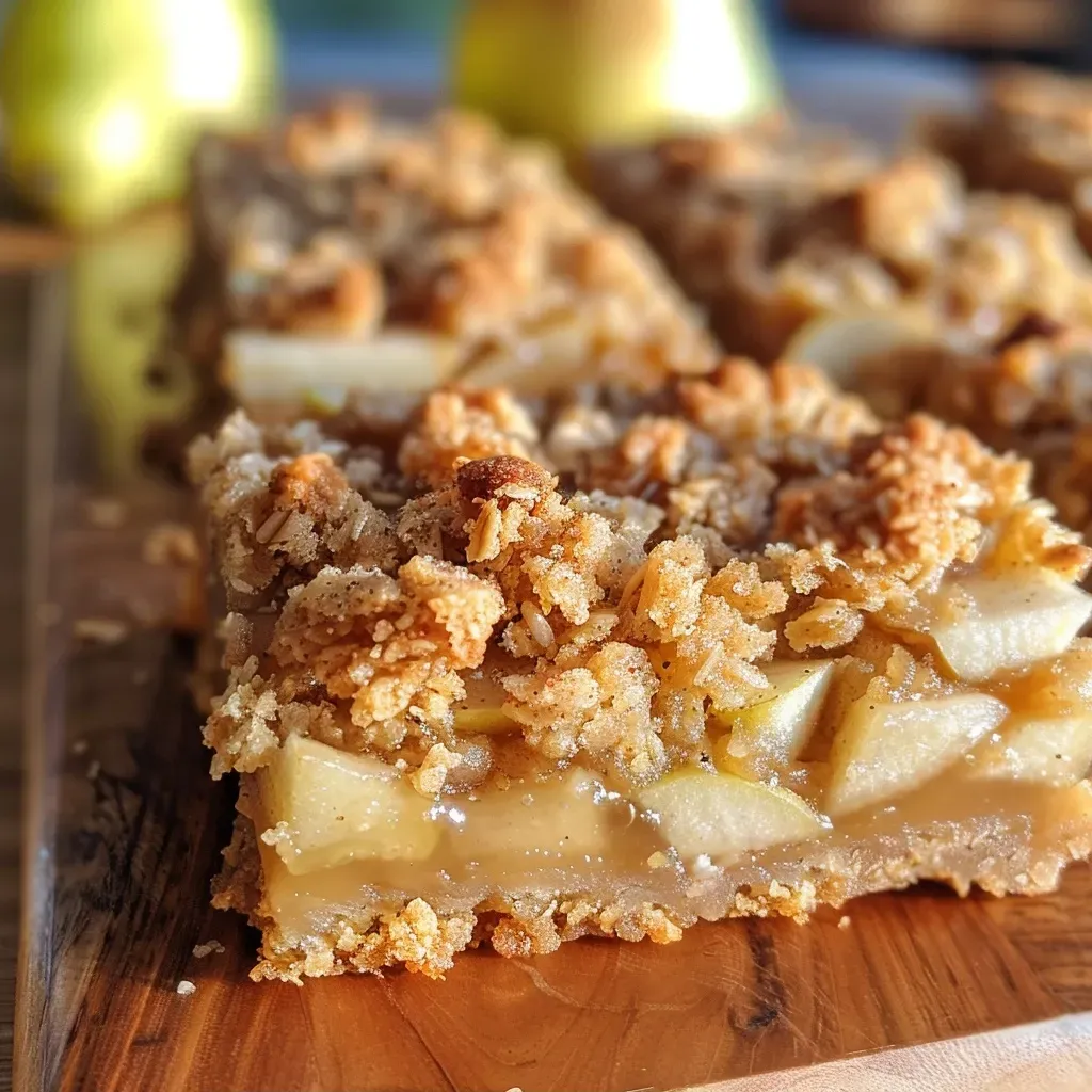 A close-up side view of healthy pear crumb bars displaying a golden-brown crumb topping.