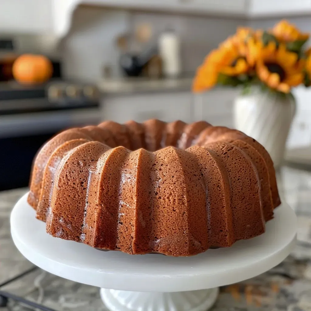 Close-up side view of a moist Pumpkin Bundt Cake on a rustic wooden table.