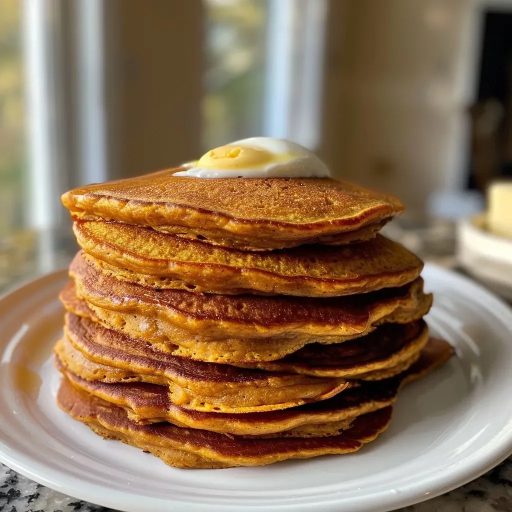 ['Close-up side view of a stack of healthy pumpkin pancakes, topped with a drizzle of syrup.', 'Juicy and fluffy pumpkin pancakes with a golden-brown exterior served on a plate.', 'A delicious serving of healthy pumpkin pancakes showcasing their texture and rich color.', 'Side view of fluffy pumpkin pancakes, garnished and ready to be enjoyed.']