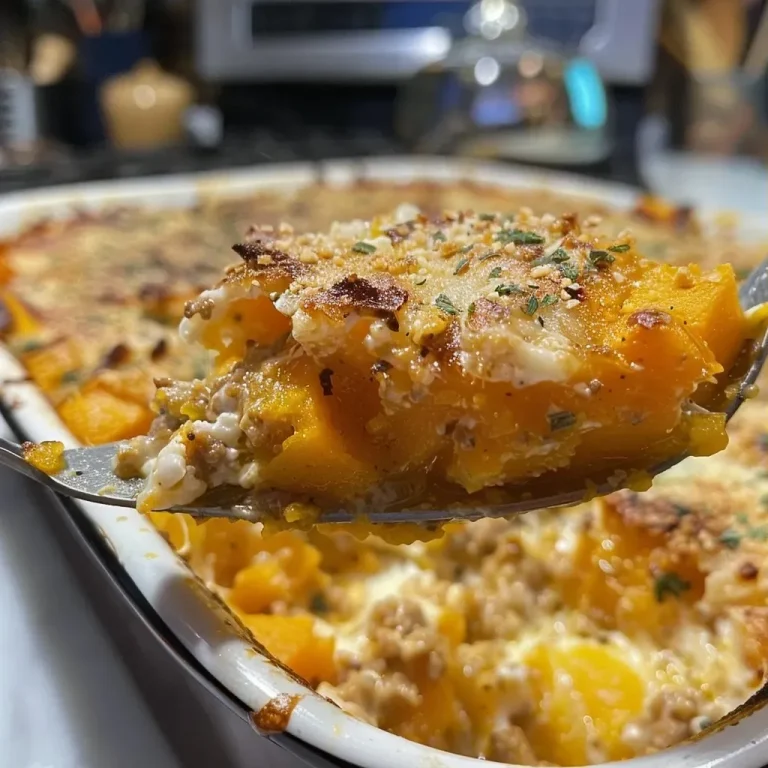 ['Close-up side view of a baked dish featuring cubed butternut squash and ground turkey.', 'Juicy High Protein Butternut Squash Bake topped with grated parmesan cheese.', 'Delicious baked casserole with a golden crust and visible chunks of butternut squash.', 'Savory mixture of turkey, cottage cheese, and butternut squash in a baking dish.']