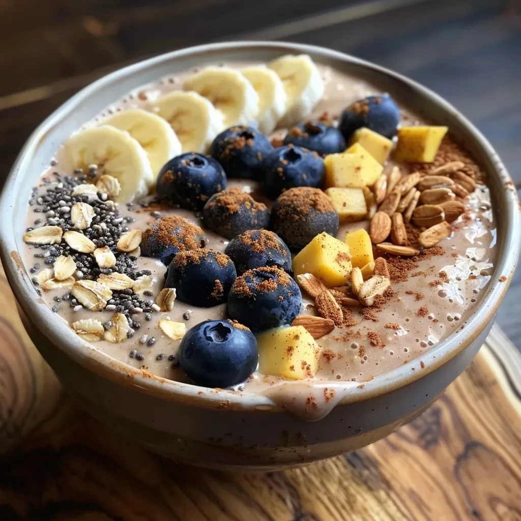 ['Close-up of a High-Protein Chai Smoothie Bowl topped with fresh fruits and nuts.', 'Side view of a delicious smoothie bowl with chia tea, banana, and blueberries.', 'Vibrant smoothie bowl featuring Greek yogurt, oats, and mango slices.', 'High-Protein Chai Smoothie Bowl presented with a variety of colorful toppings.']