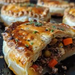 ['Close-up view of a juicy mini meat pie with a golden crust.', 'Side angle of a delicious high protein mini meat pie showing filling.', 'Appetizing mini meat pie highlighting its flaky pastry and savory filling.', 'Detailed shot of a meat pie showcasing its rich, golden crust and ingredients.']