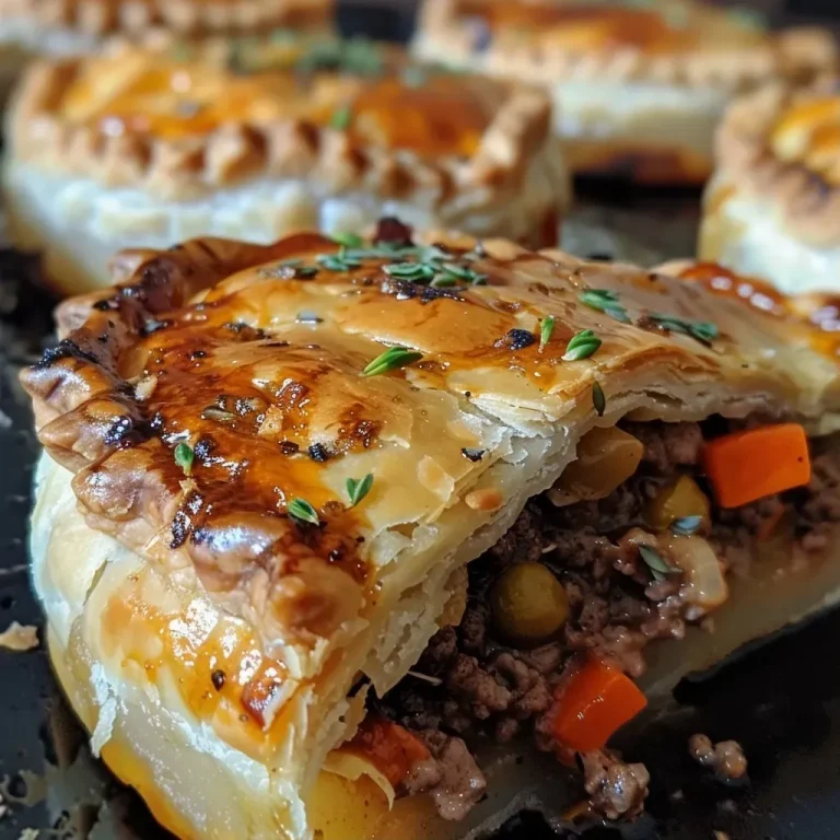 ['Close-up view of a juicy mini meat pie with a golden crust.', 'Side angle of a delicious high protein mini meat pie showing filling.', 'Appetizing mini meat pie highlighting its flaky pastry and savory filling.', 'Detailed shot of a meat pie showcasing its rich, golden crust and ingredients.']