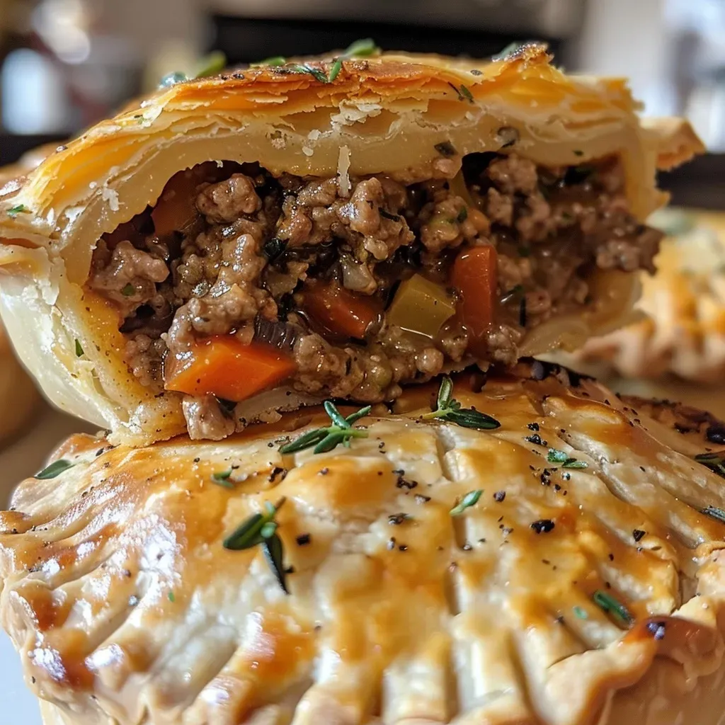 Close-up view of a juicy mini meat pie with a golden crust.