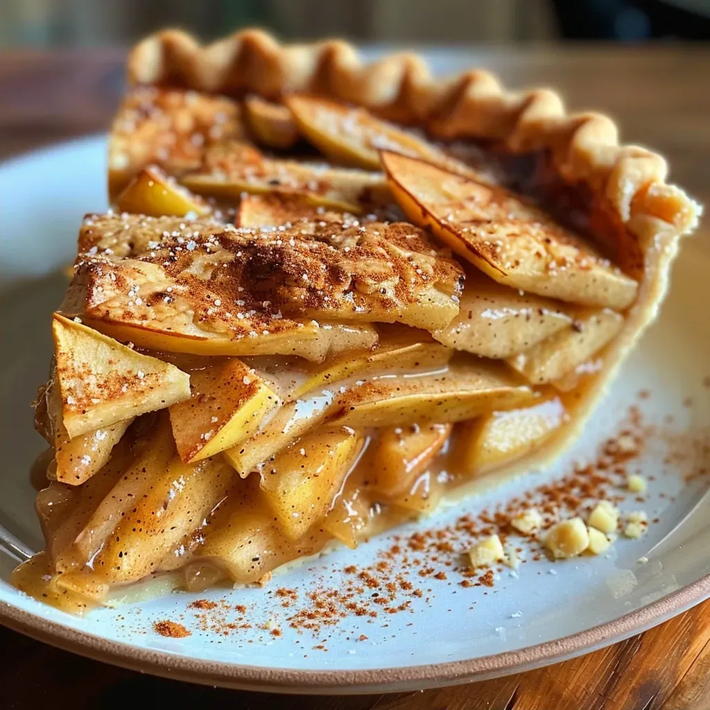 ['Close-up of a golden-brown homemade apple pie with visible chai spices.', 'Side view of a freshly baked apple pie, showcasing the flaky crust and spice topping.', 'Juicy homemade apple pie filled with apple slices and spices, displayed on a rustic wooden table.', 'Delicious apple pie with a perfectly browned crust, featuring visible pieces of apple and a sprinkle of spices.']