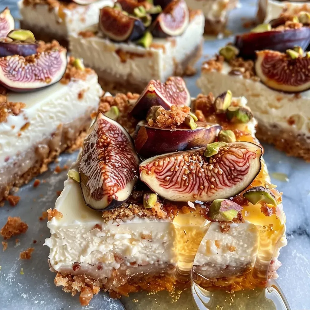 ['Close-up of Honey Fig Cheesecake Bars with sliced figs and pistachios.', 'Side view of creamy cheesecake bars topped with fresh figs and a drizzle of honey.', 'Juicy Honey Fig Cheesecake Bars showcased with a buttery crust and colorful toppings.', 'Delicious cheesecake squares featuring figs, honey, and chopped pistachios.']