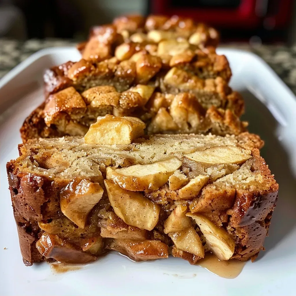 A close-up side view of a slice of Honeycrisp Apple Bread showing its moist texture and apple pieces.