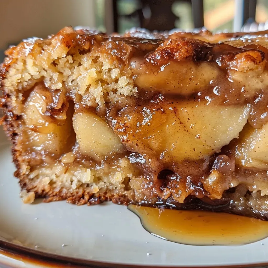 Close-up side view of a glazed Honeycrisp apple fritter cake with visible apple chunks and a shiny glaze.