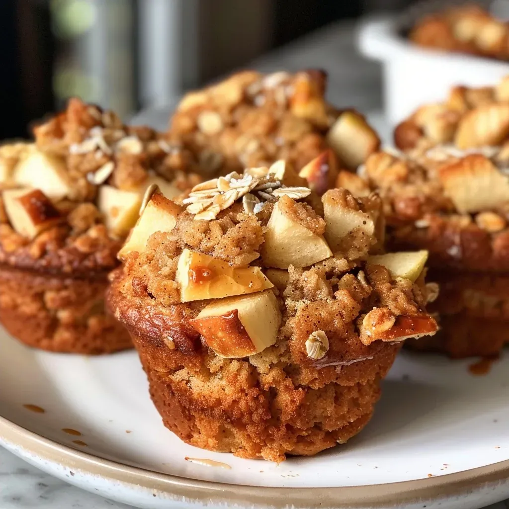 Close-up view of Honeycrisp apple muffins drizzled with a maple glaze.
